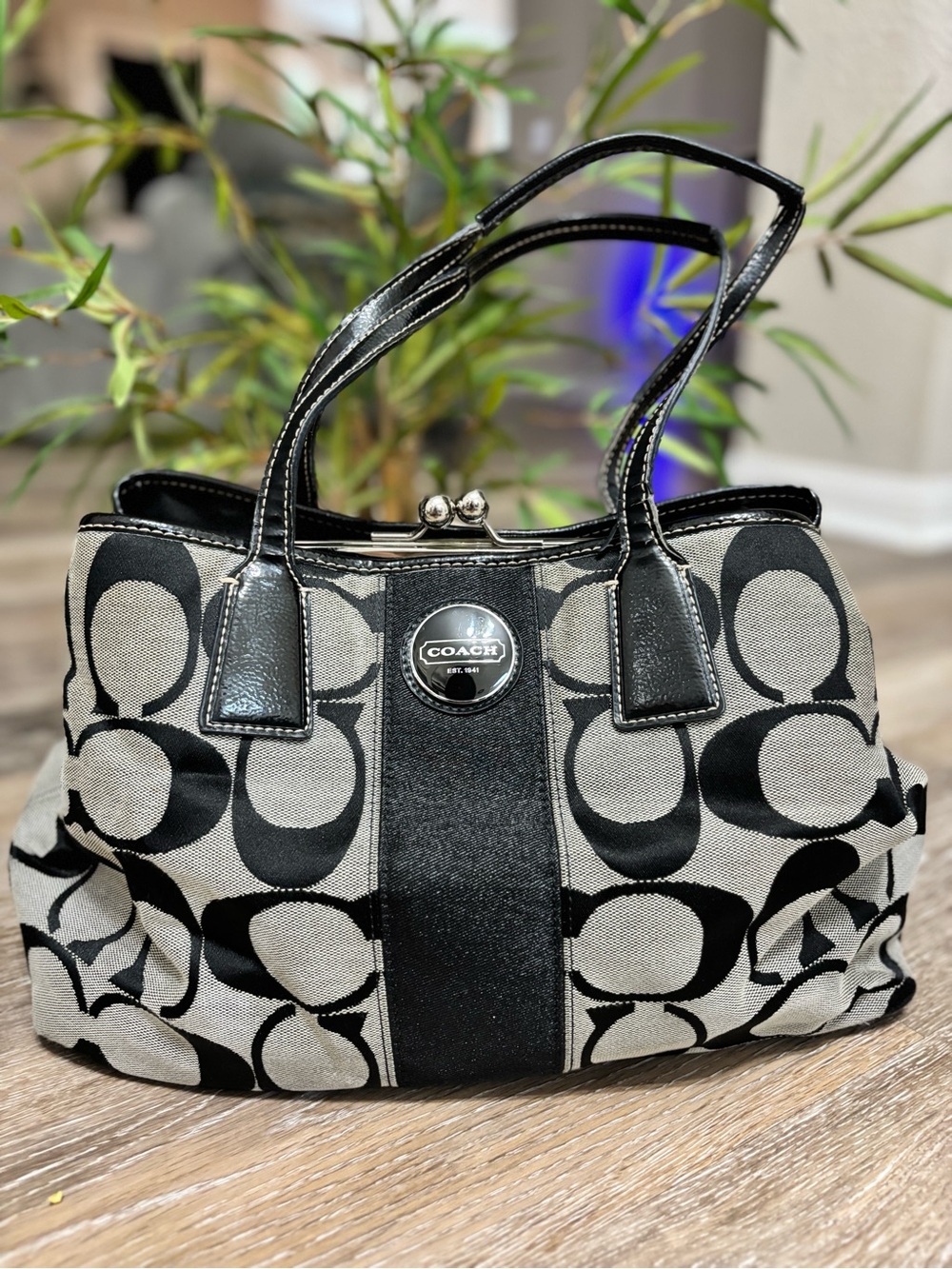 Coach Black and Gray Signature Canvas Shoulder Bag
